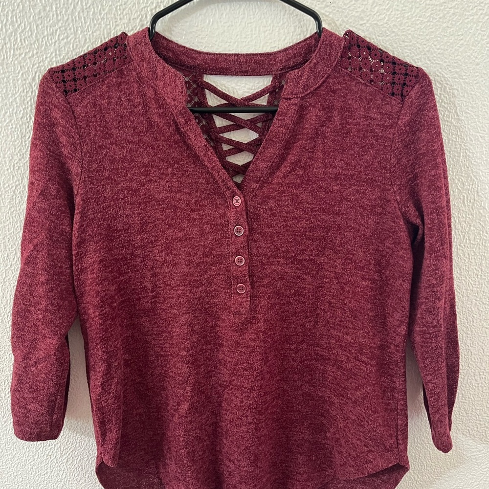 No Boundaries Long Sleeve Red Top with Buttons and Lace Back